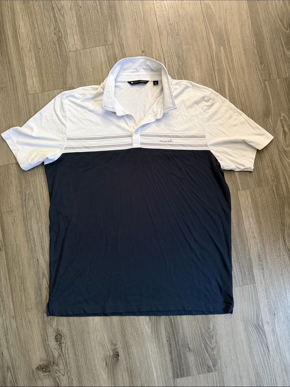 Travis Mathew White and Navy Block Short Sleeve Polo - size XXL
